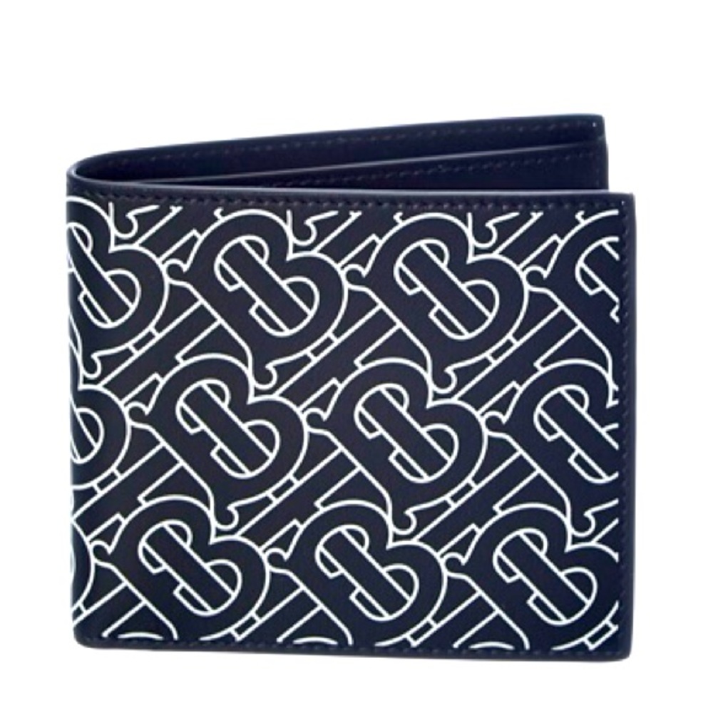 BURBERRY TB MONOGRAM PRINT LOGO OFF-WHITE BLACK LEATHER BIFOLD BILL WALLET NWT